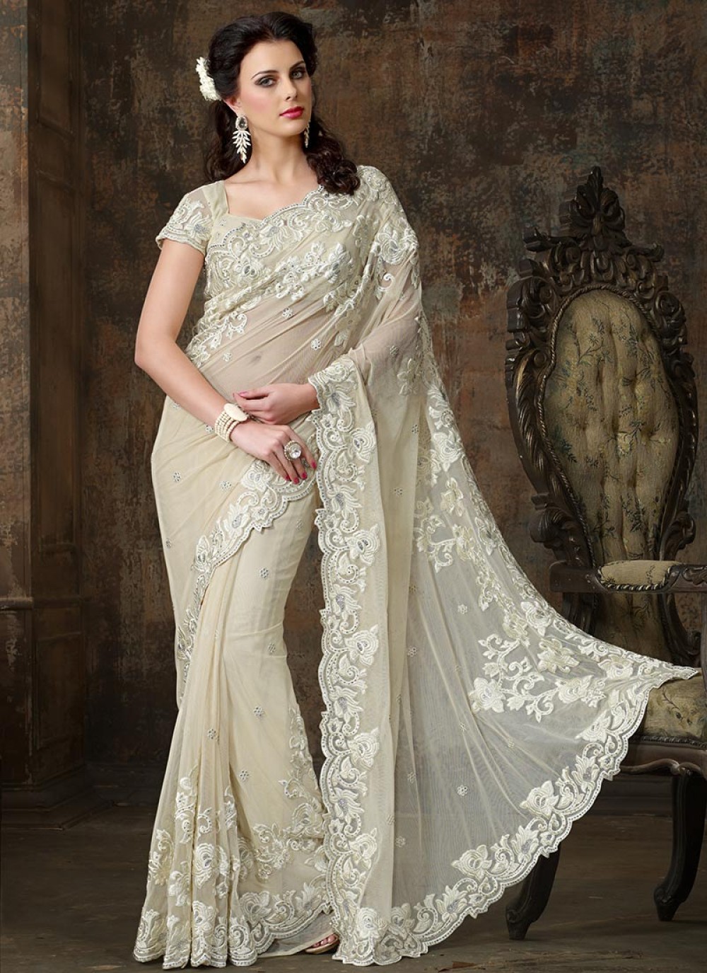 Beige Resham Enhanced Net Saree - Saree