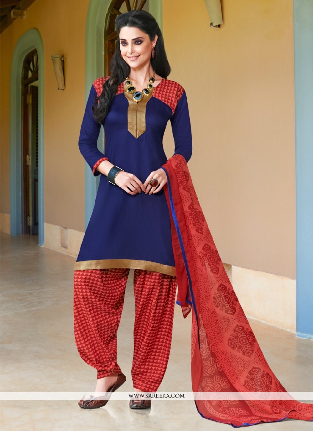 Blue Cotton Satin Punjabi Suit