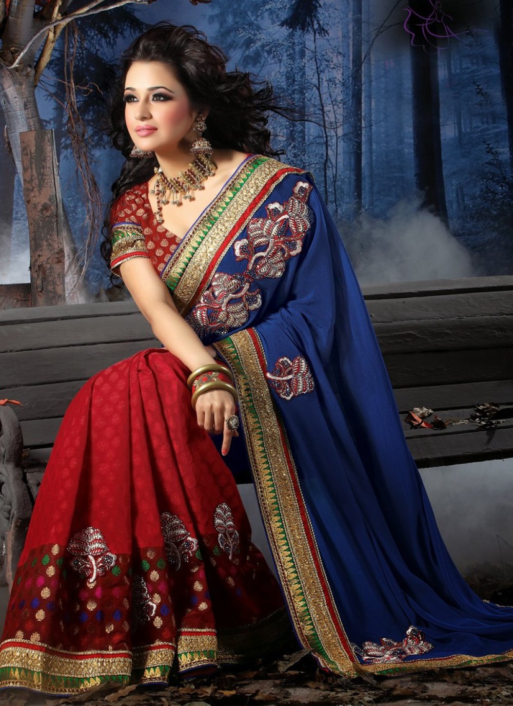 Buy Faux Georgette Navy Blue Designer Half N Half Saree Online : Fiji -