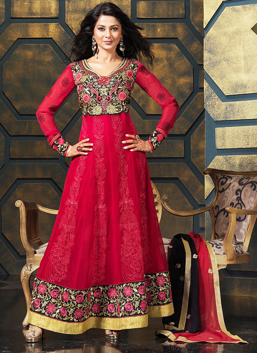 Red Embroidery Work Net Anarkali Suit
