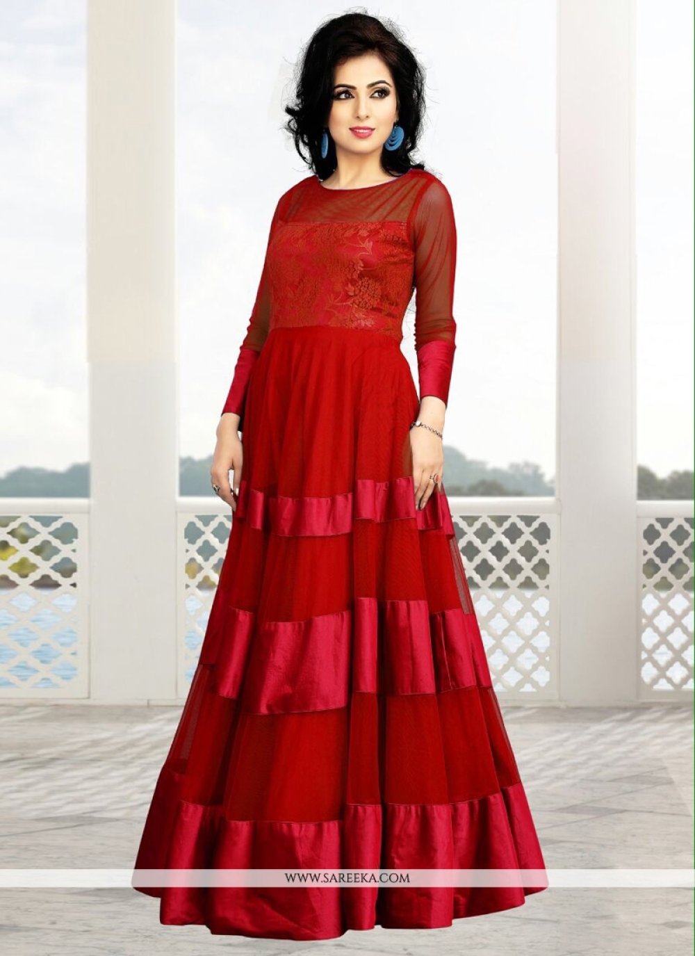Red Satin And Soft Net Gown
