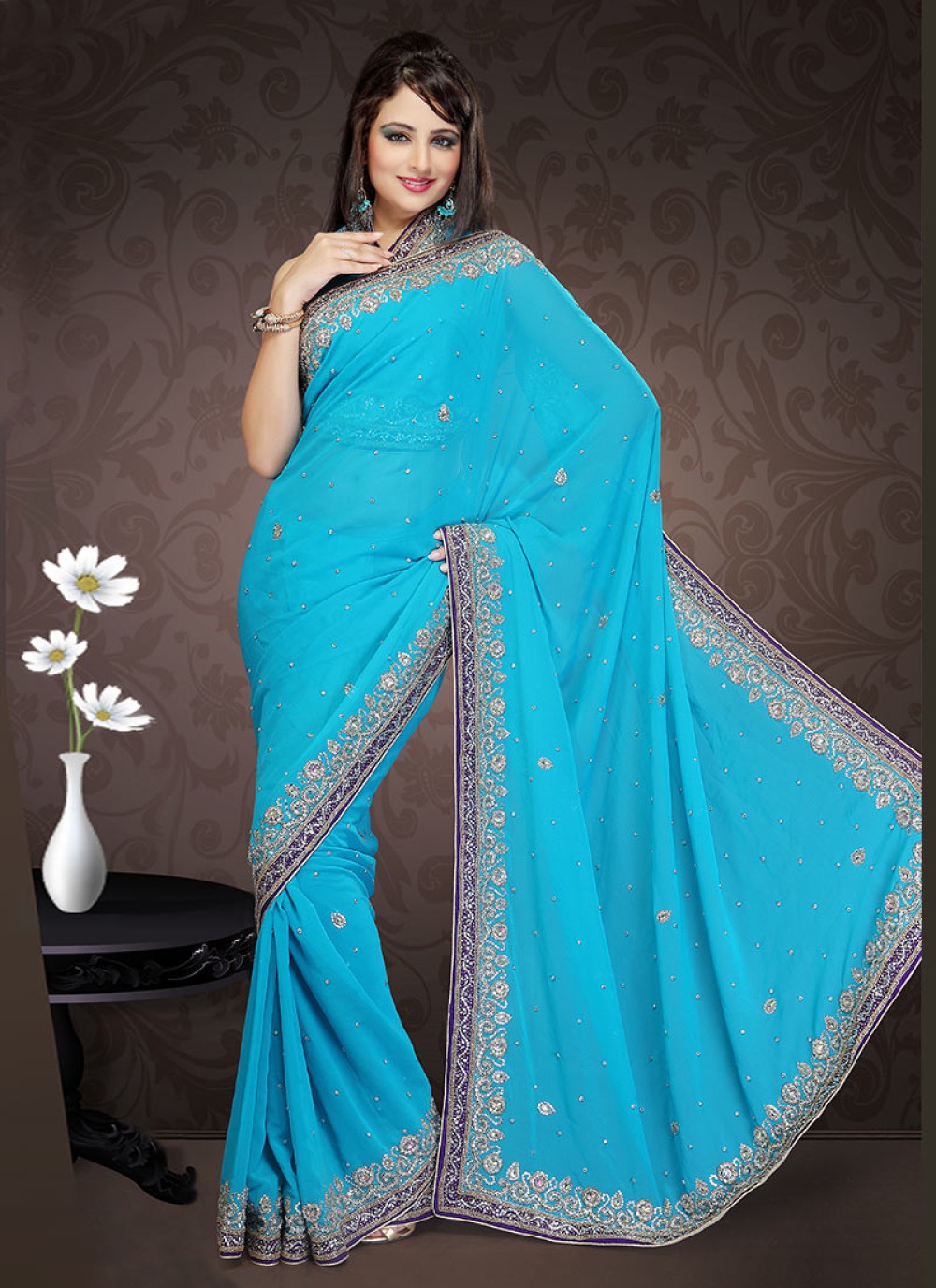 Turquoise Faux Georgette Saree