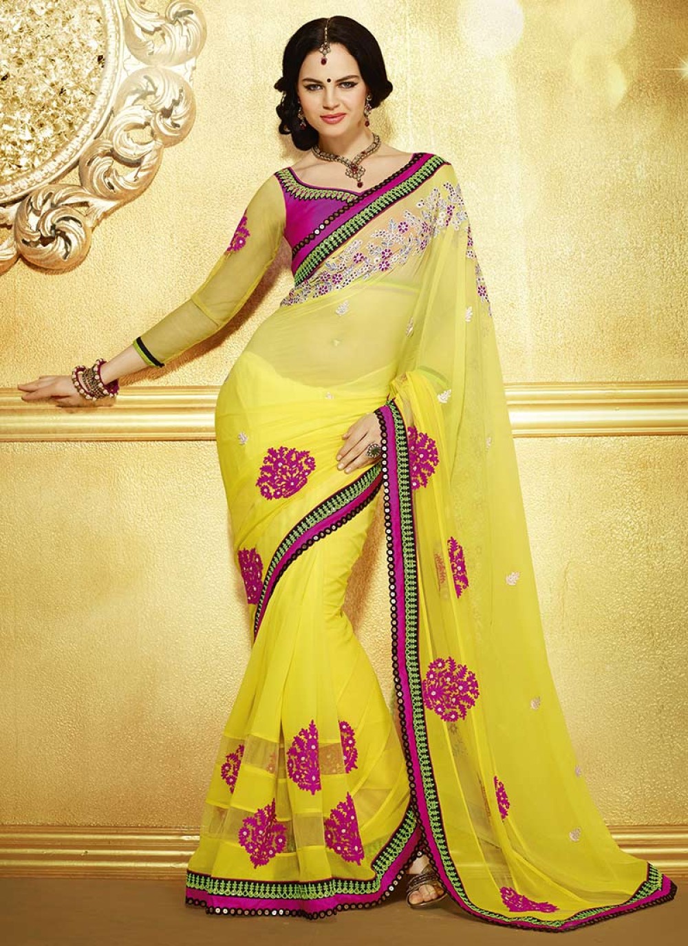 Yellow Appliques Worked Faux Georgette Saree
