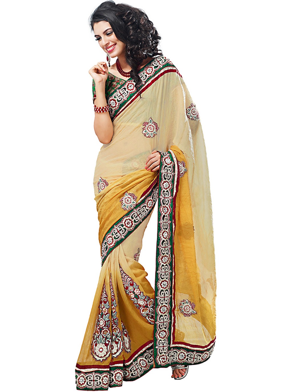Bige Brown & Gold Color Embroidered Saree