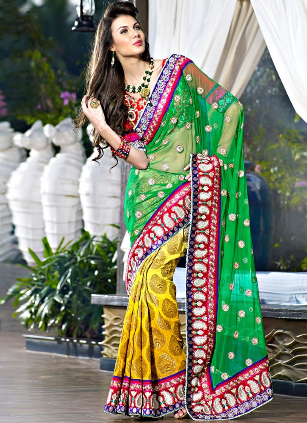 Bottle Green & Gold Color Embroidered Saree