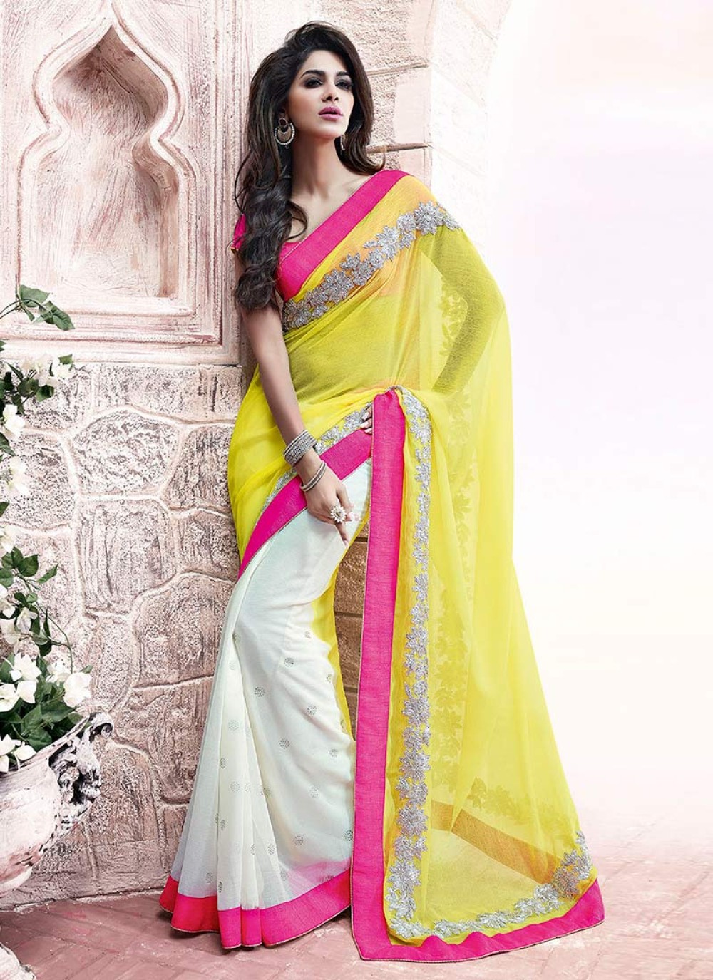 White And Yellow Patch Border Half And Half Saree