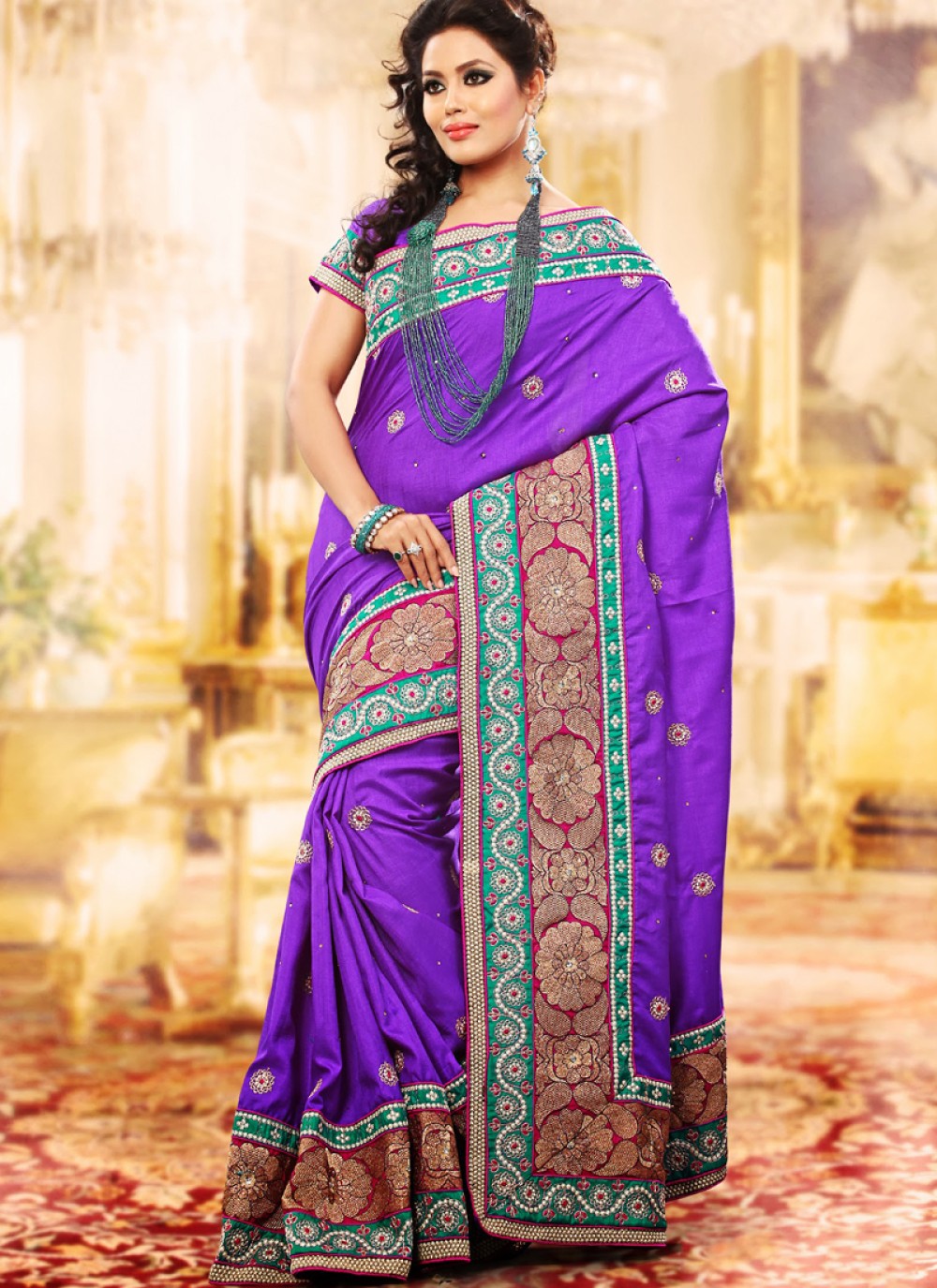 Bluish Purple Embroidered Saree