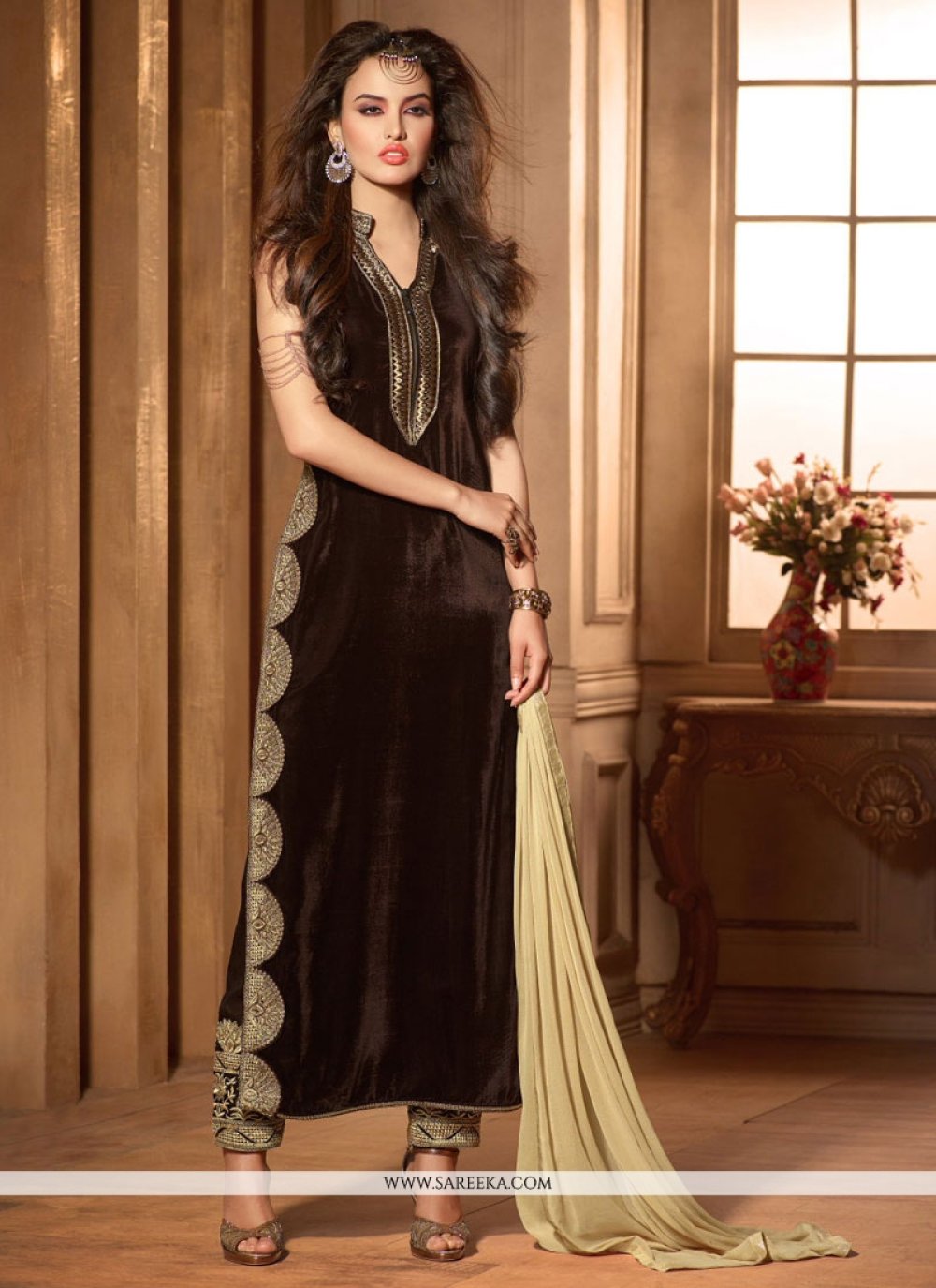 Brown Resham Work Velvet Designer Suit Best Seller