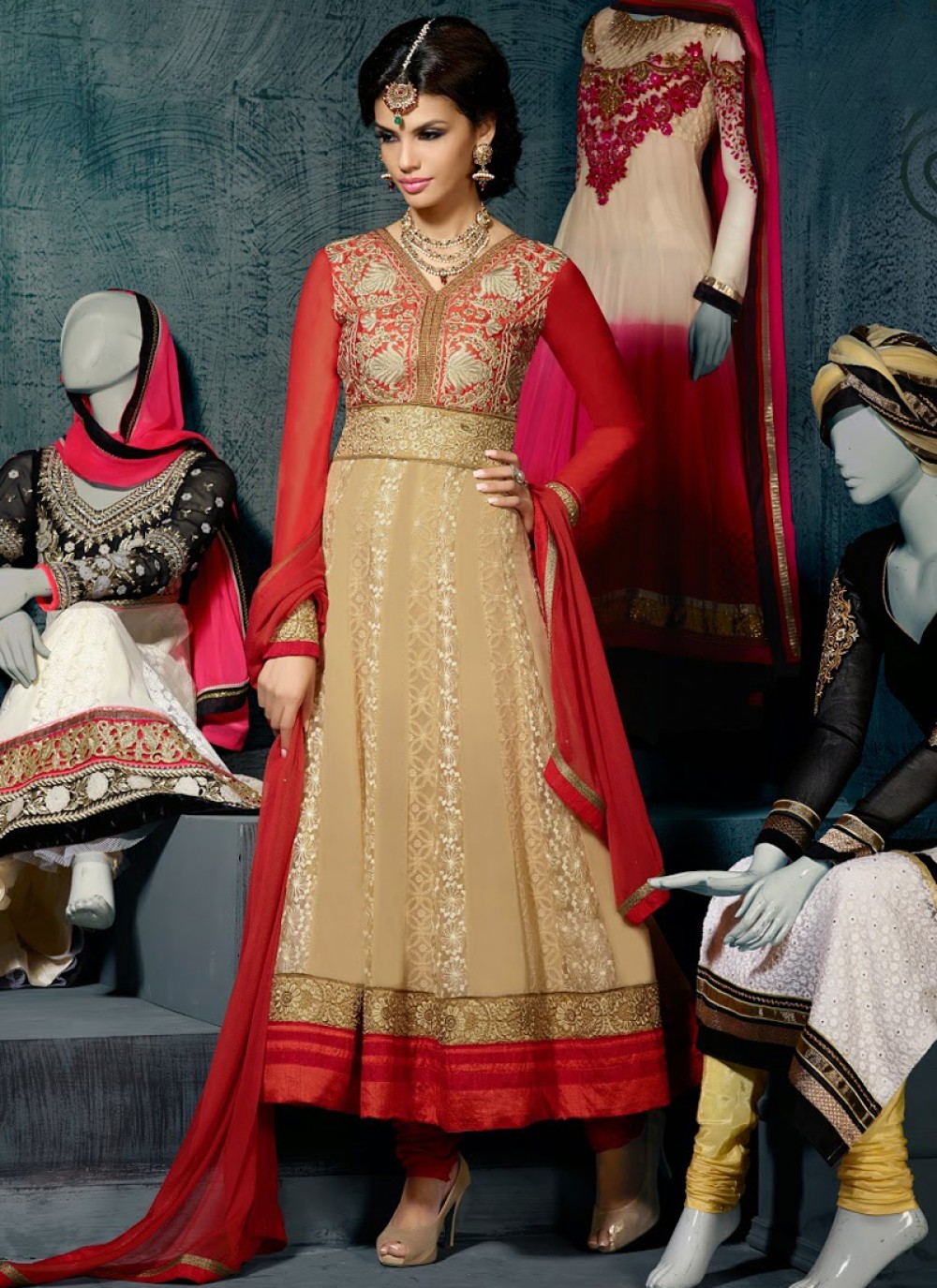 Cream And Red Georgette Anarkali Suit
