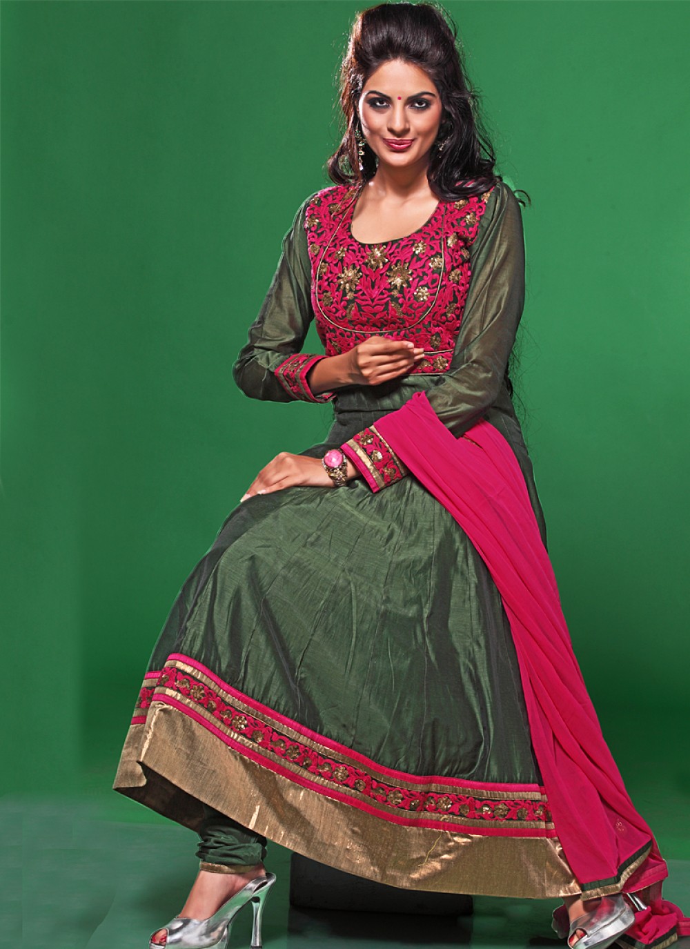 Green Resham Work Anarkali Suit