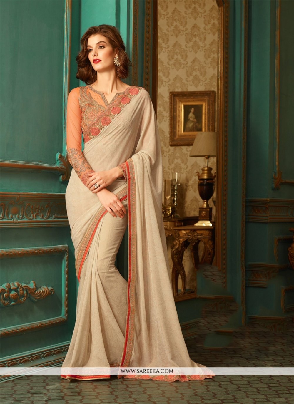 Buy Peach Threadwork Georgette Saree - Koskii