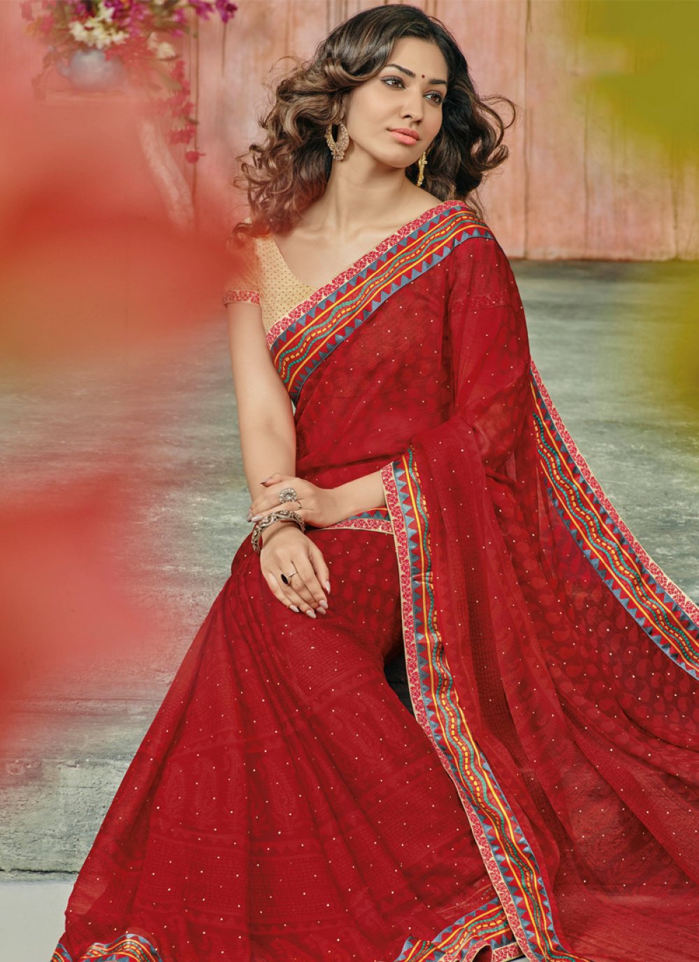 Faux Chiffon Maroon Designer Saree