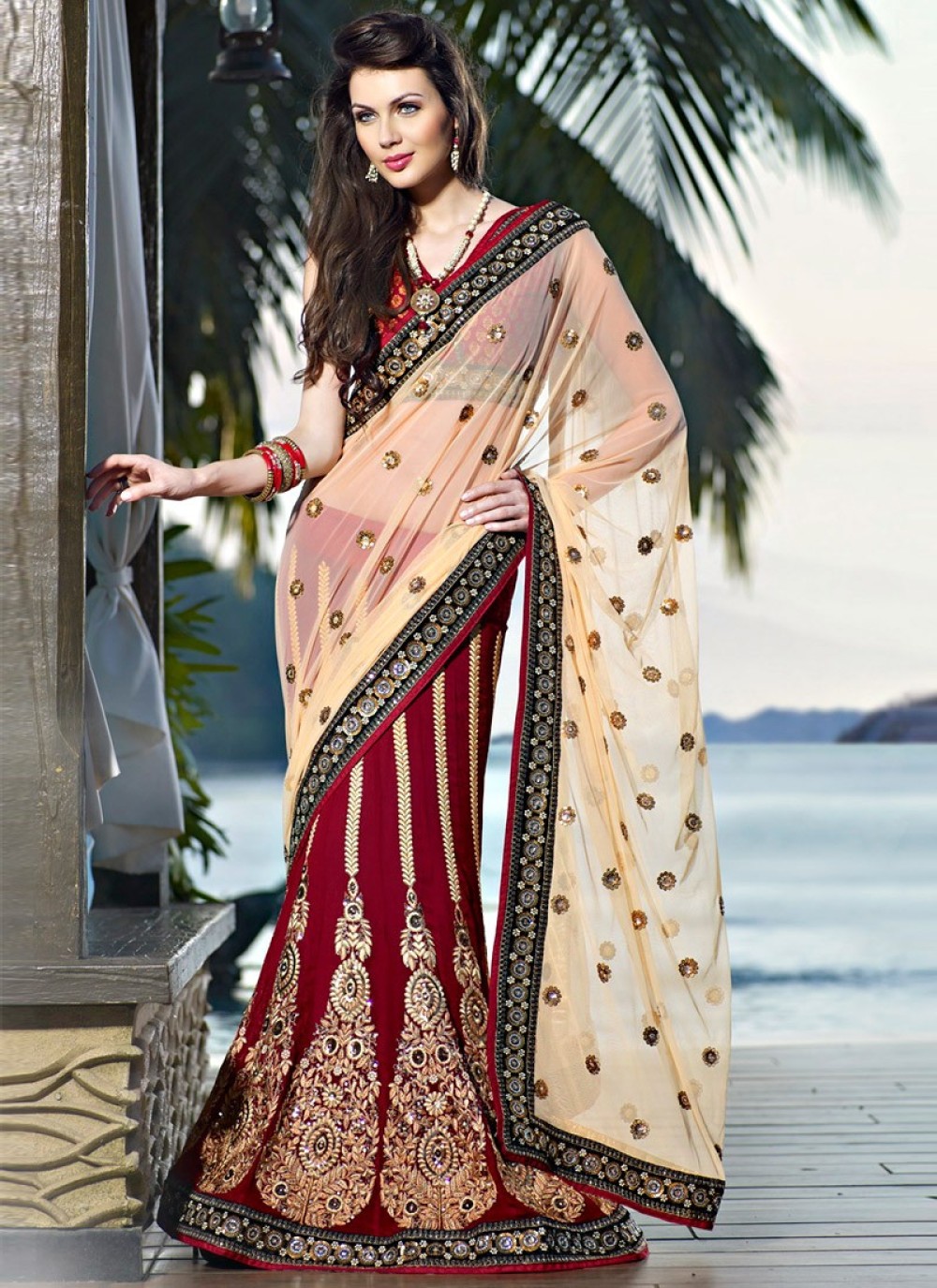 Contemporary Brick Red & Bige Brown Embroidered Saree