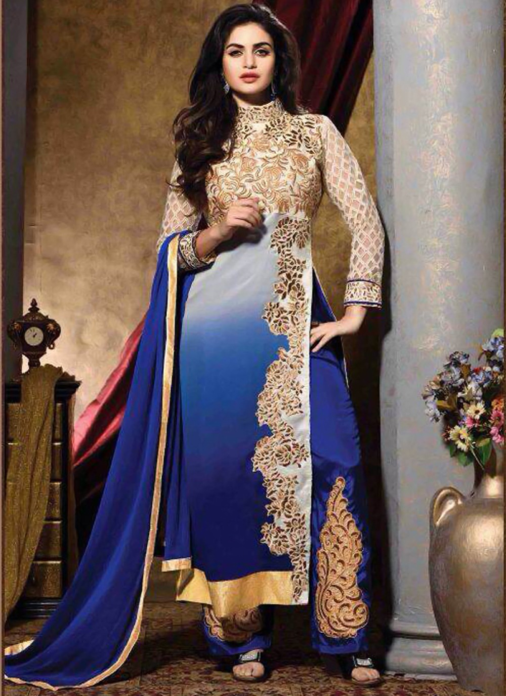 Cream And Blue Shaded Embroidery Salwar Suit
