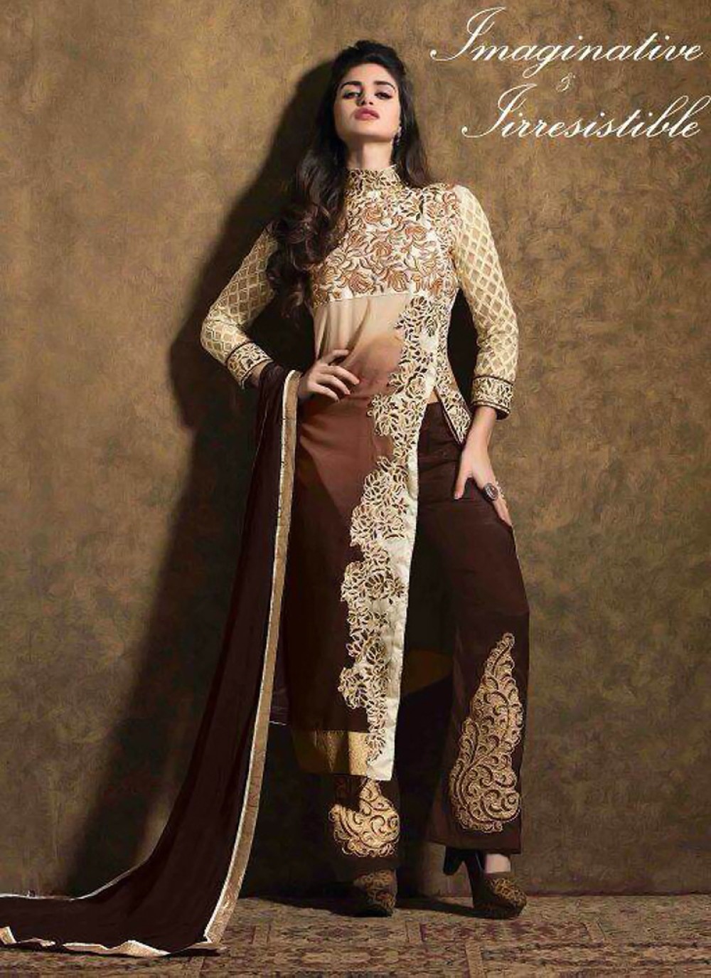 Cream And Brown Georgette Pakistani Suit
