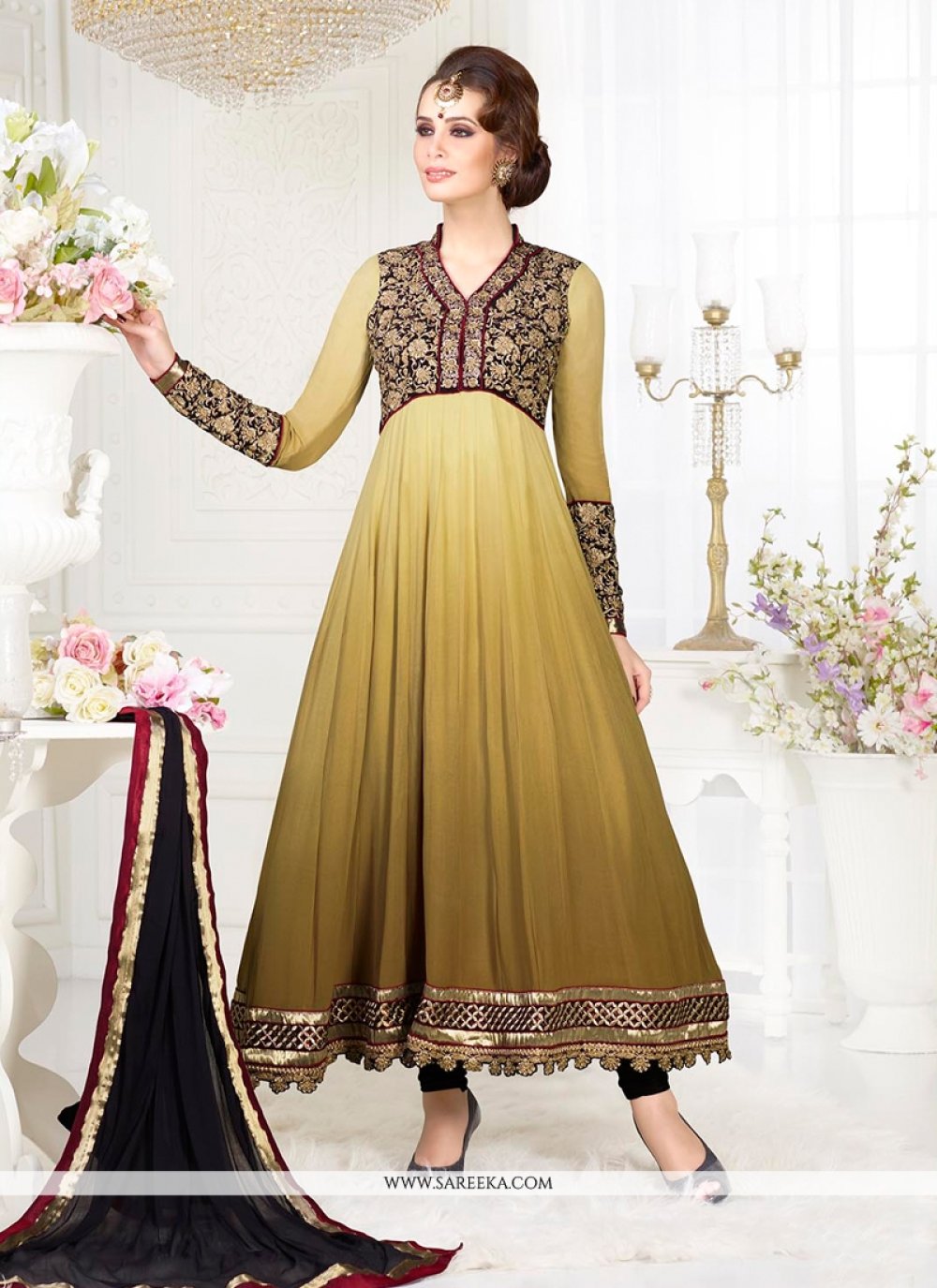 Cream And Brown Shaded Anarkali Salwar Suit