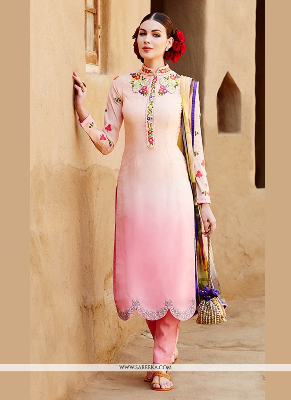 Cream And Pink Shaded Cotton Satin Salwar Suit