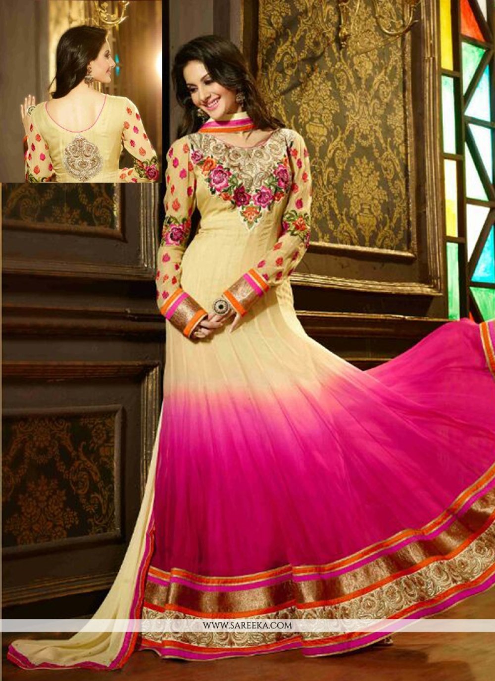 Cream And Pink Shaded Georgette Anarkali Suit