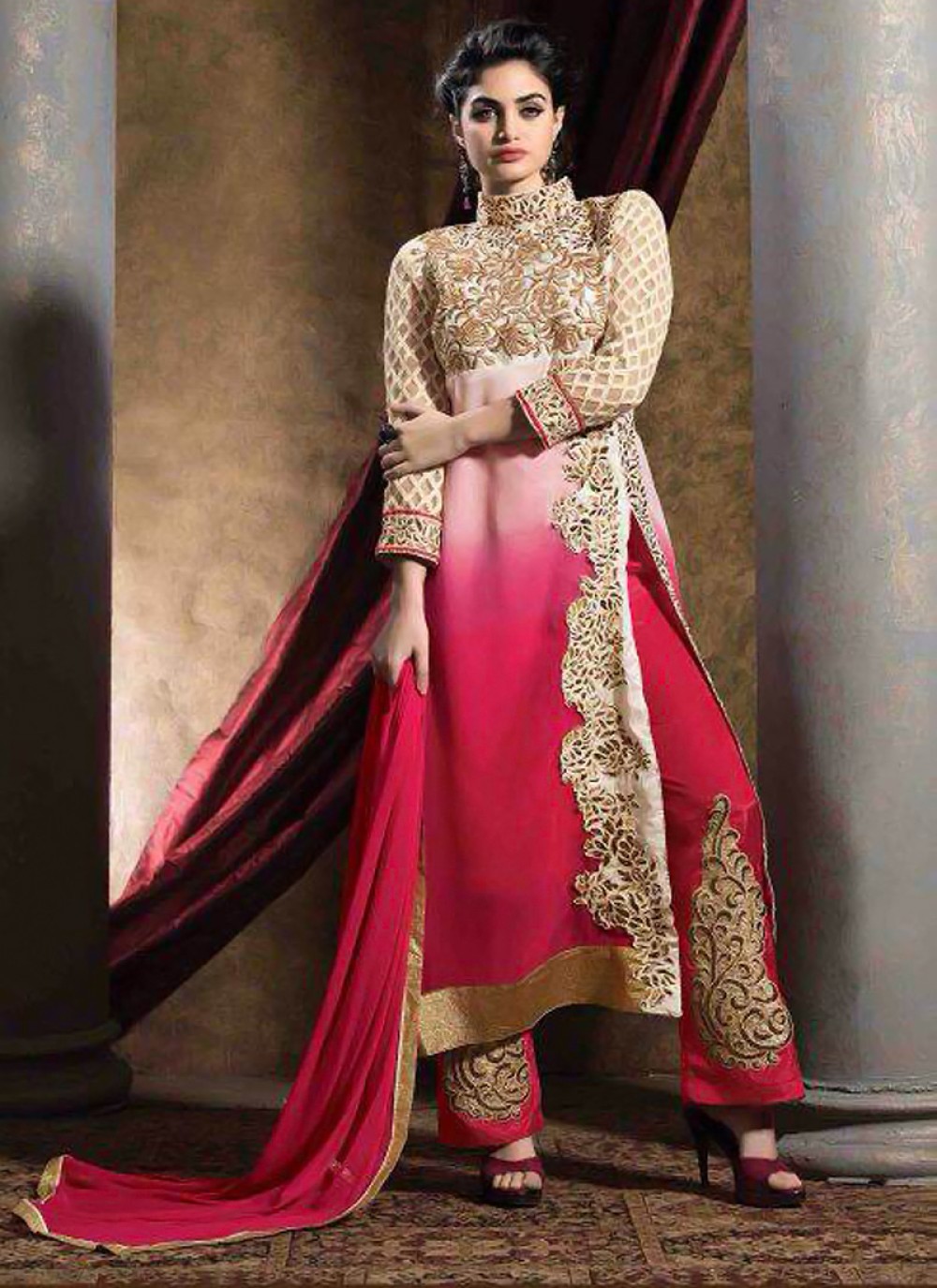 Cream And Pink Shaded Georgette Pakistani Suit