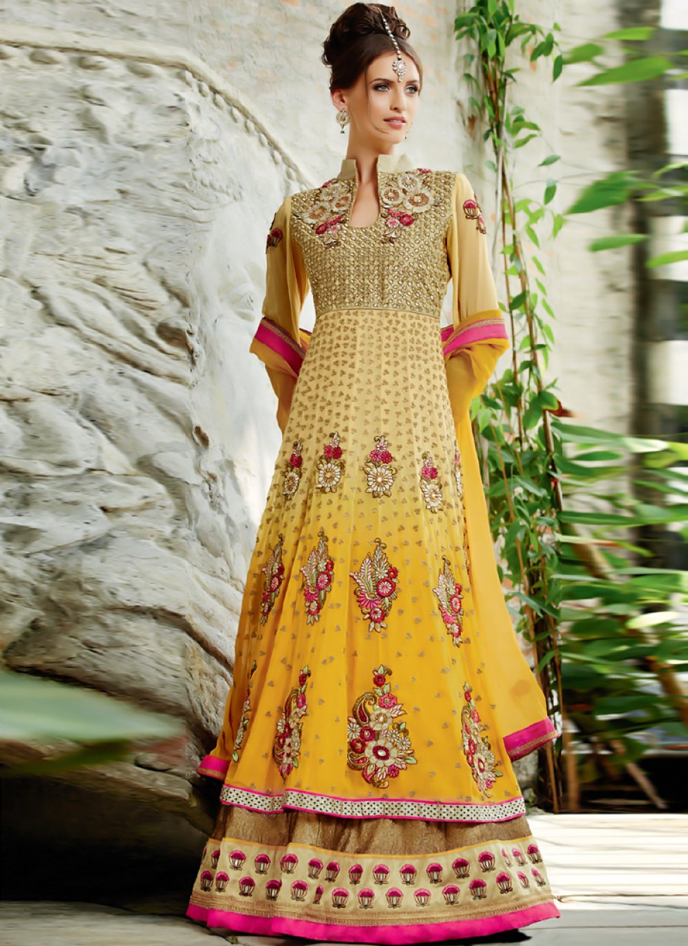 Cream And Yellow Shaded Pure Georgette Anarkali Suit