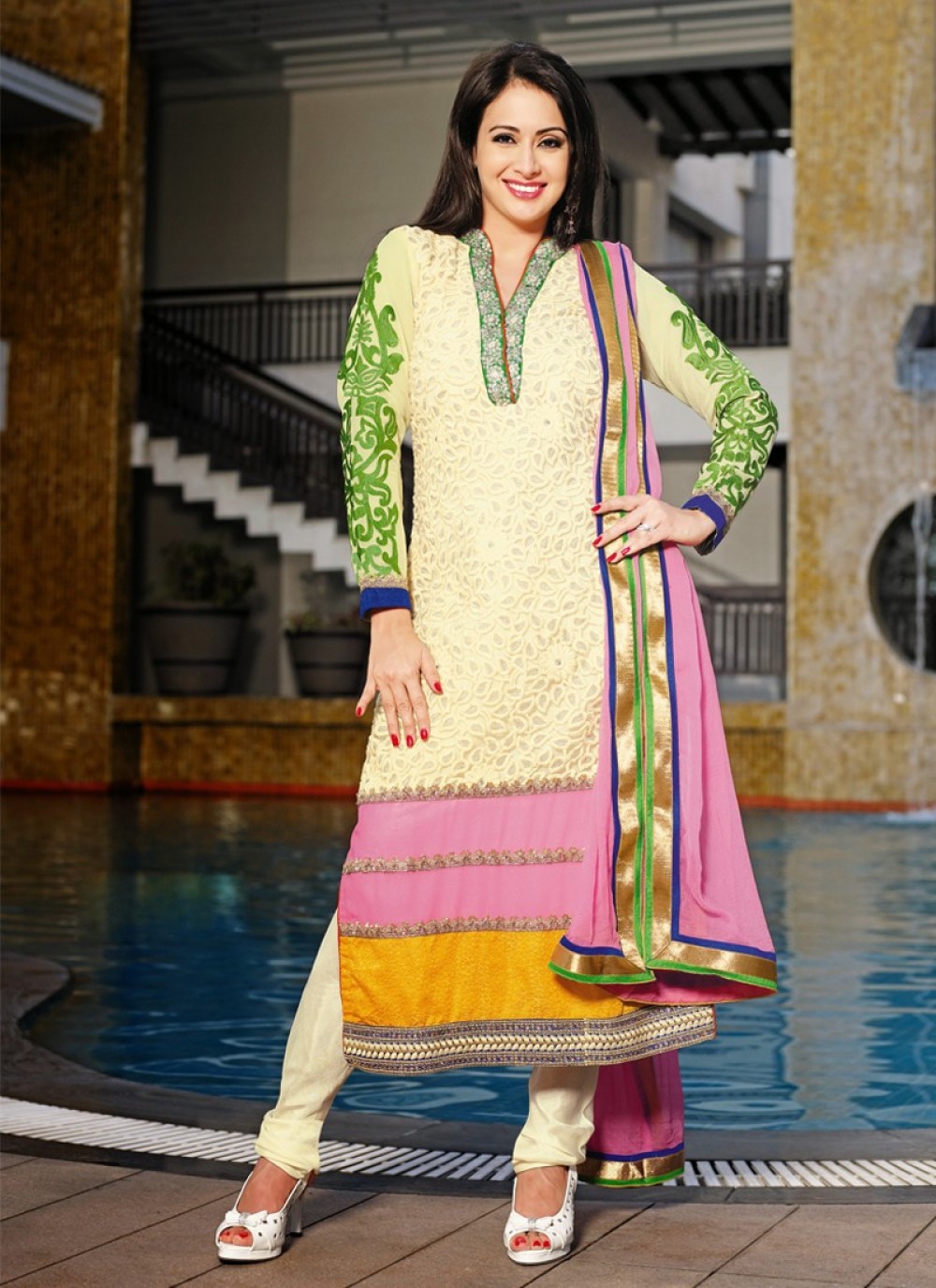 Cream Resham Work Net Churidar Salwar Suit