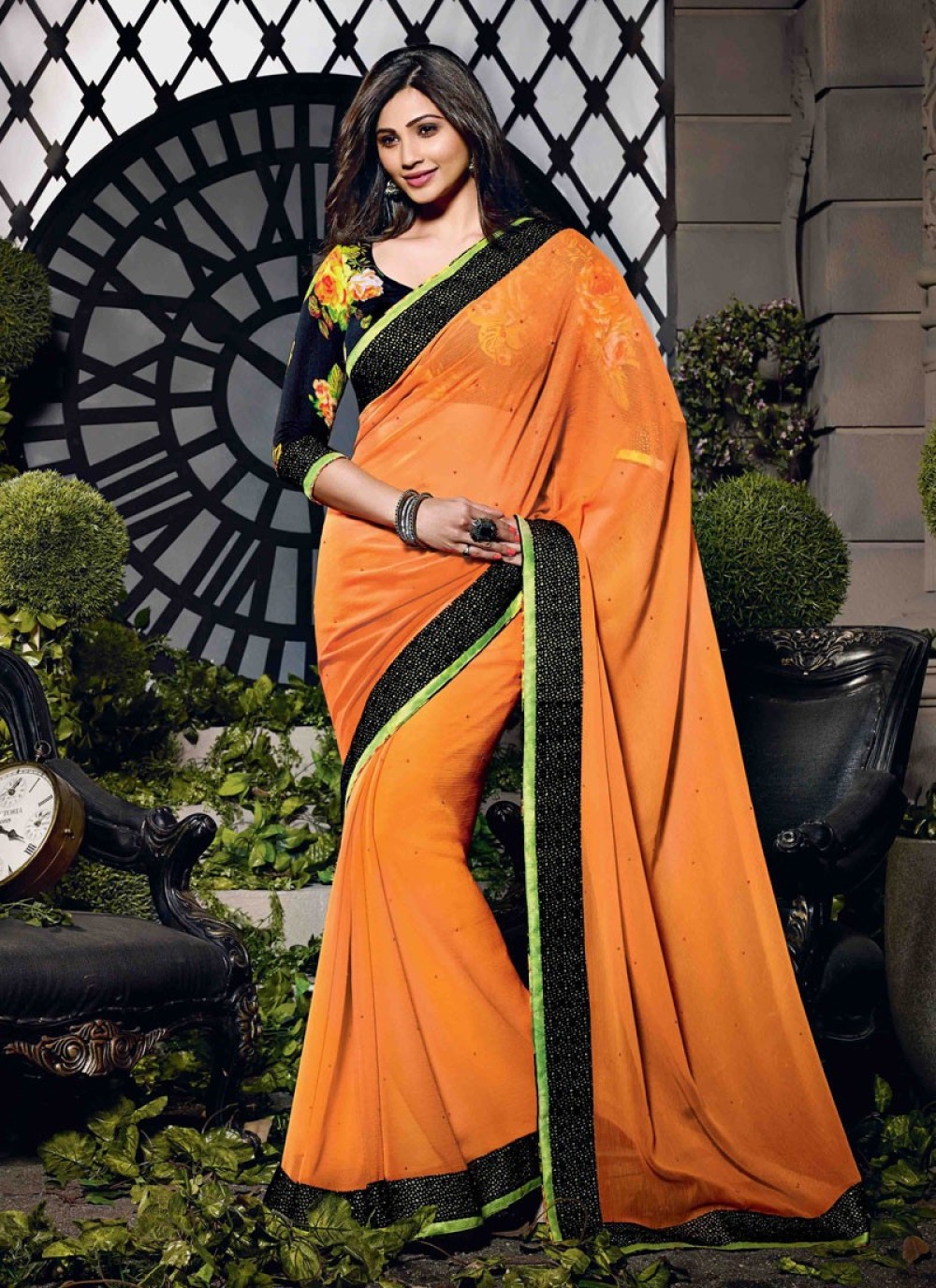 Georgette Black and Orange Fancy Designer Saree at Rs 1310 in Surat