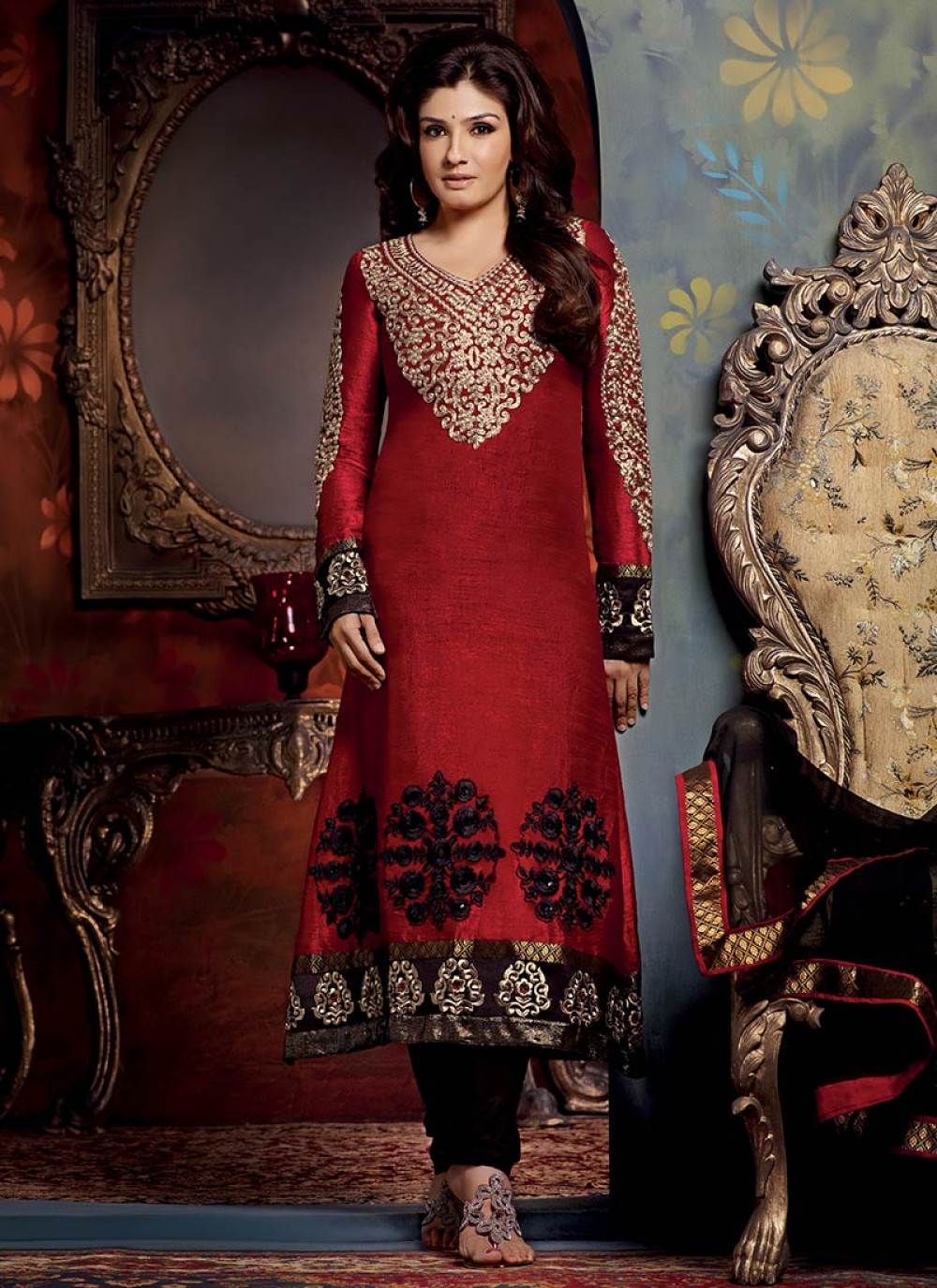 Dark Red Art Silk Churidar Suit