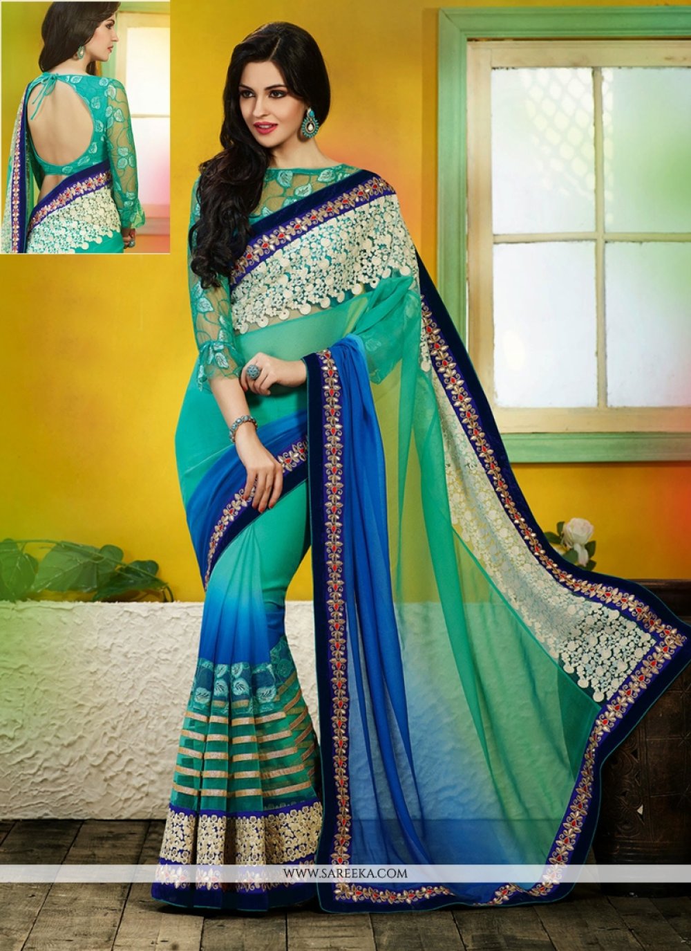 Blue And Green Net Designer Saree