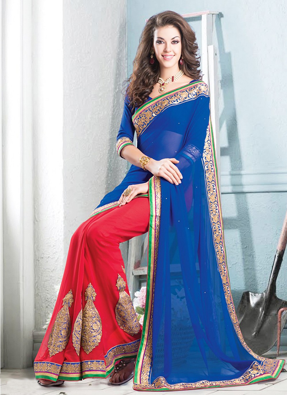 Blue And Red Embroidery Half And Half Saree