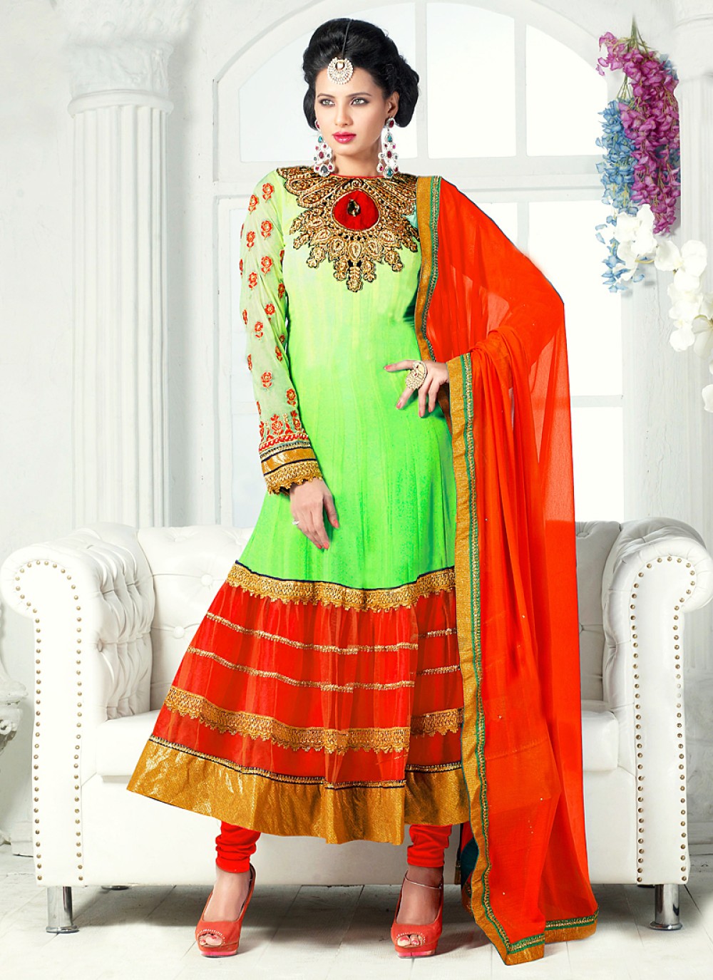 Green And Red Zari Work Net Anarkali Suit
