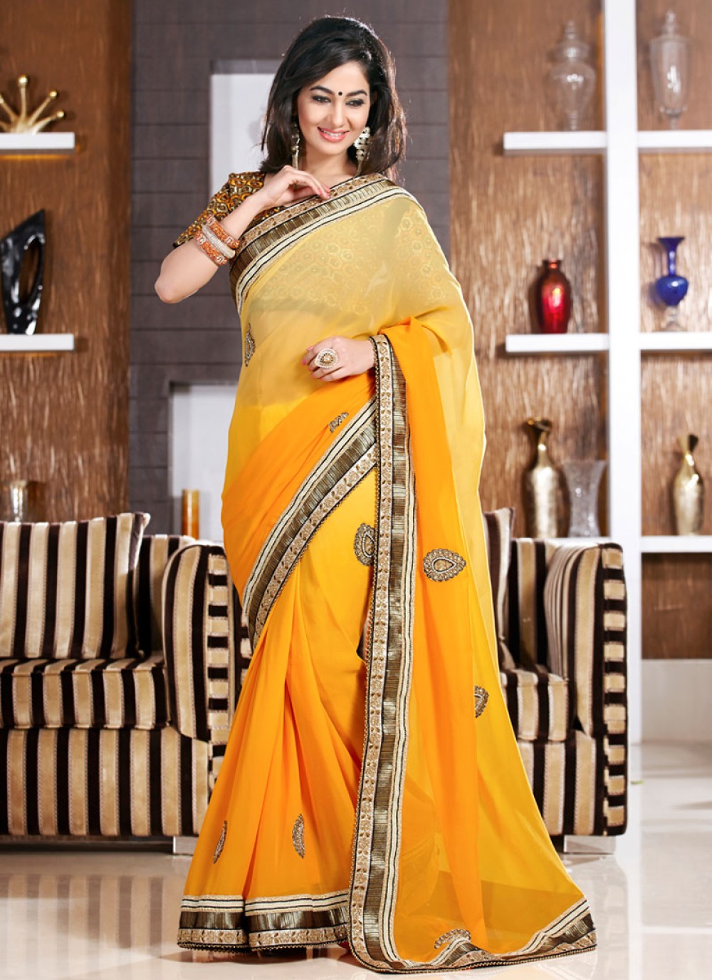 Mustard Embroidery Work Party Wear Saree