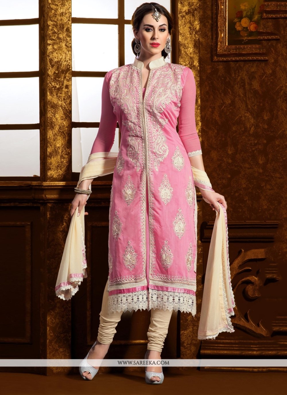 Pink Chanderi Cotton Silk Churidar Suit