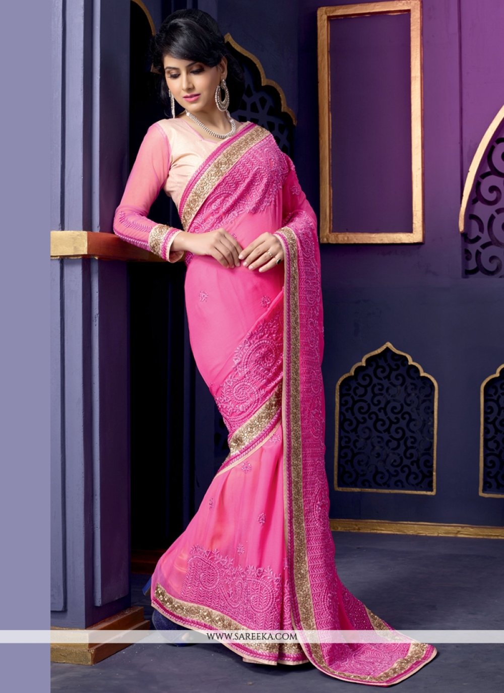Pink Pure Georgette Designer Saree