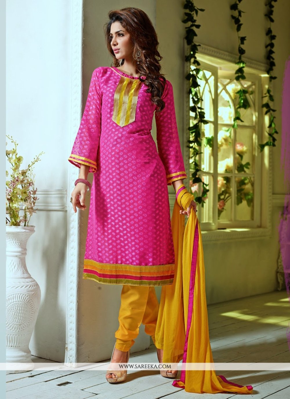 Pink Pure Jacquard Churidar Suit