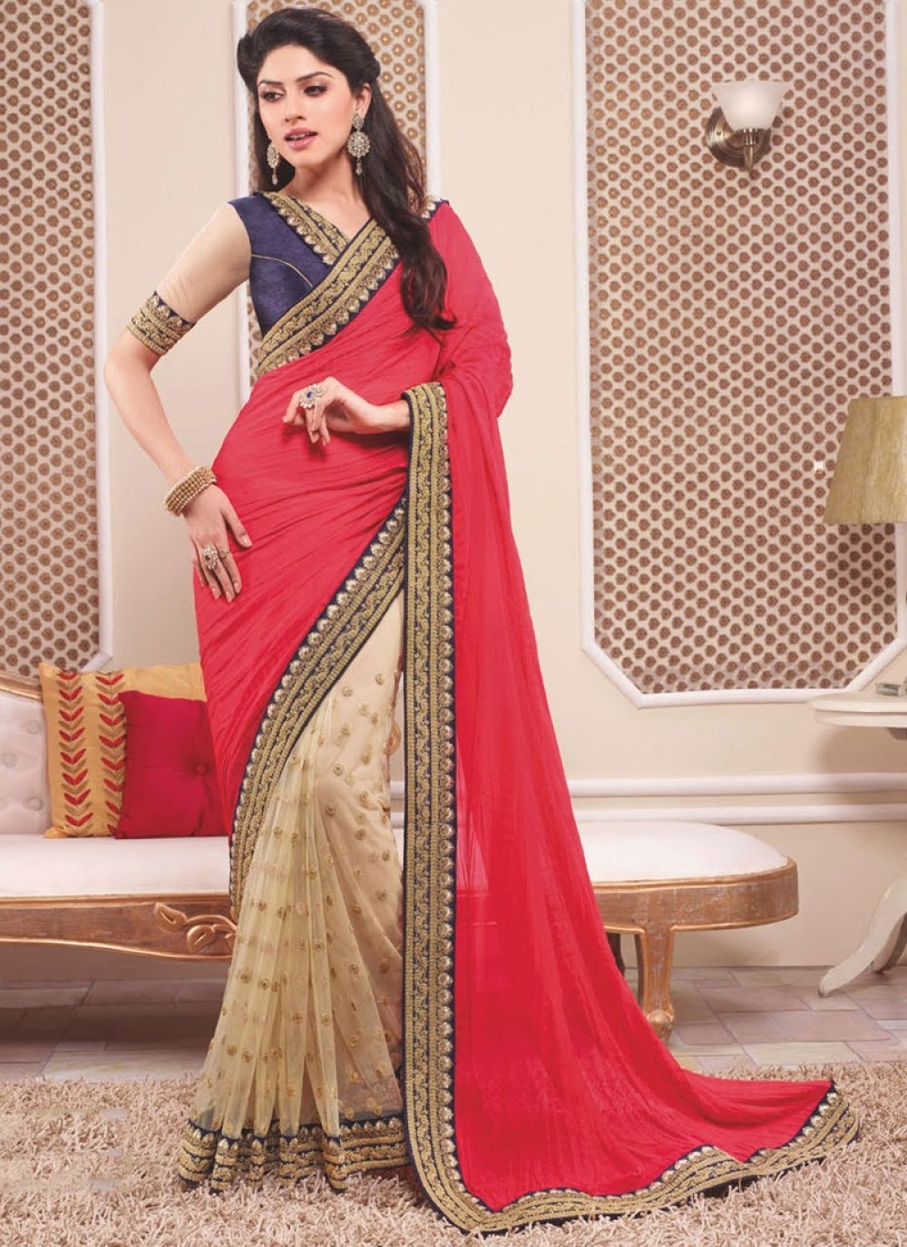 Red And Cream Georgette Saree