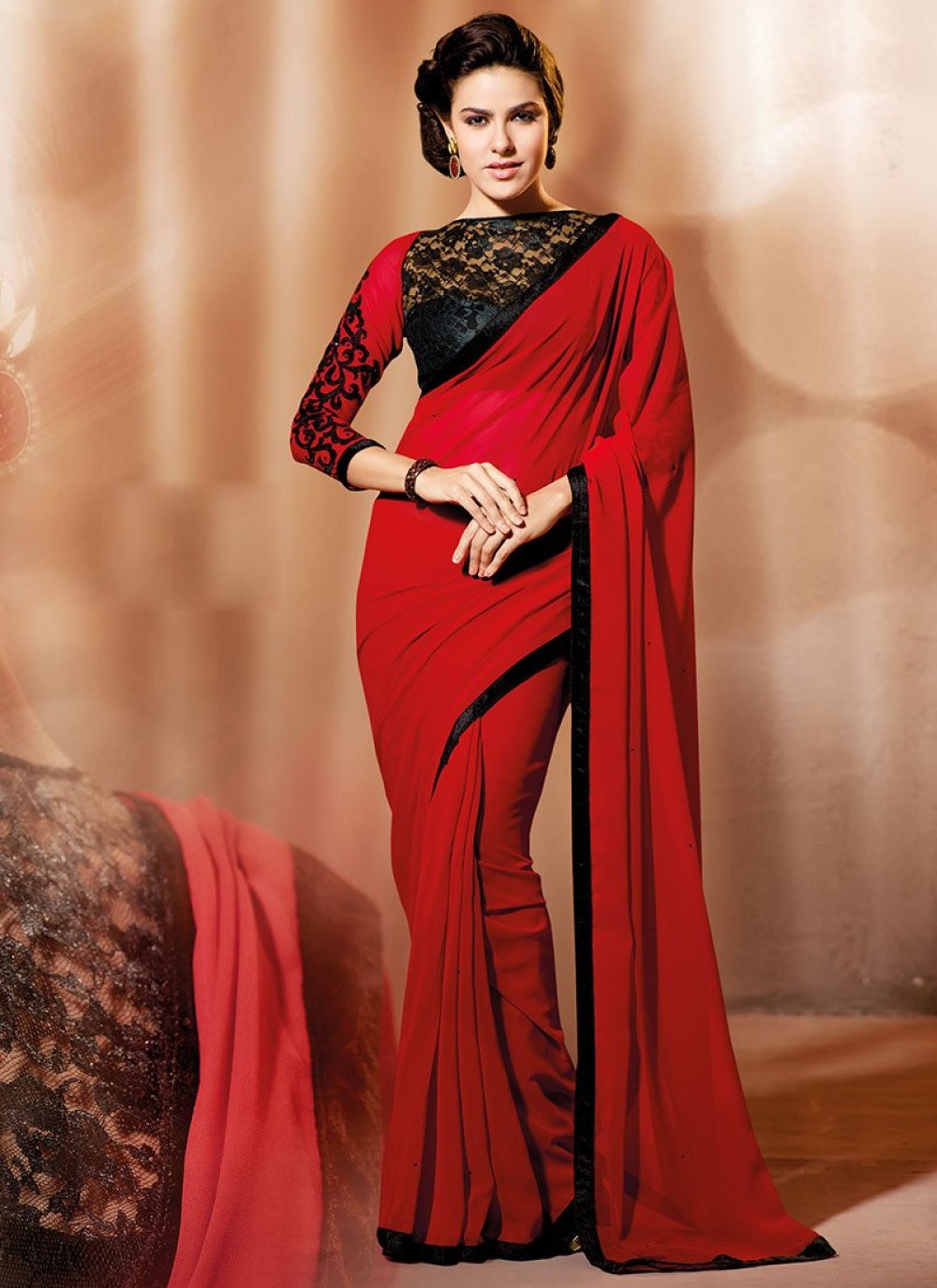 Red silk saree | Contrast blouse, Unique blouse designs, Unique blouse