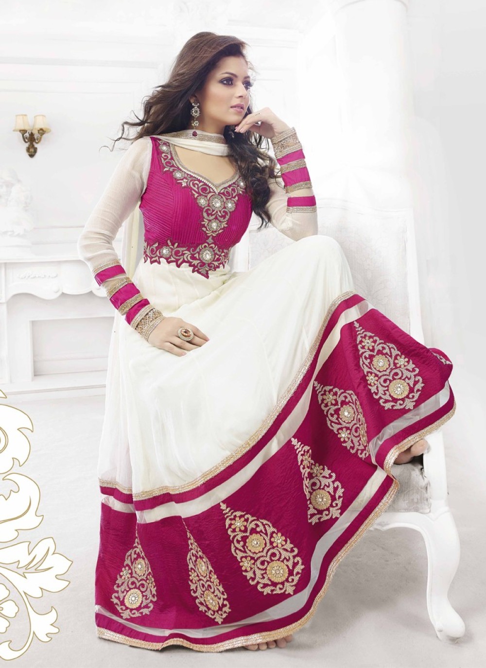 White And Magenta Embroidery Work Anarkali Suit