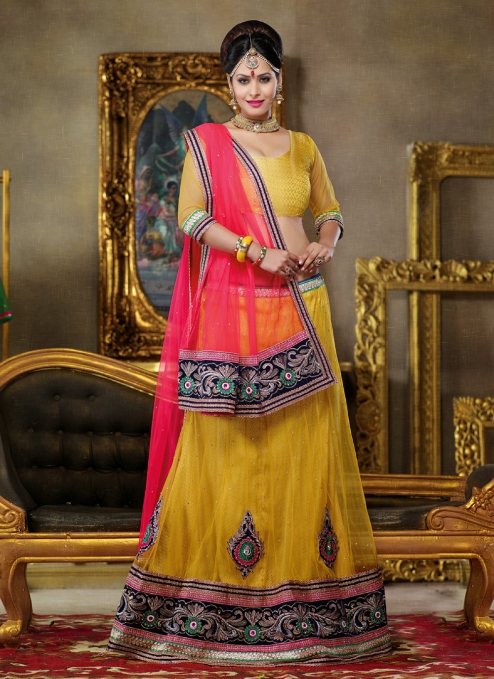 Yellow Embroidery Work Net Lehenga Choli