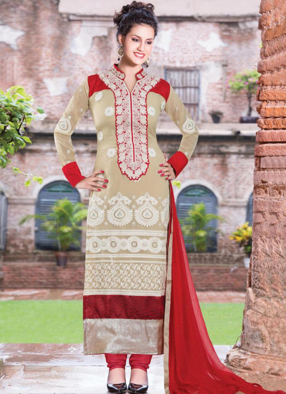 Decent Beige And Red Embroidery Work Churidar Suit -
