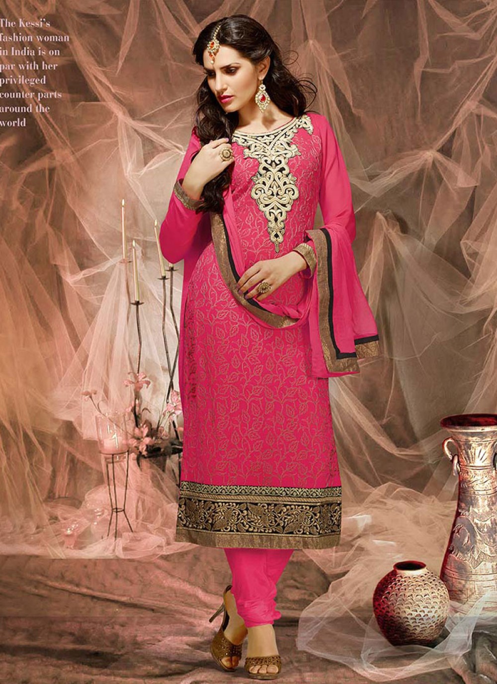 Pink Resham Work Georgette Churidar Suit