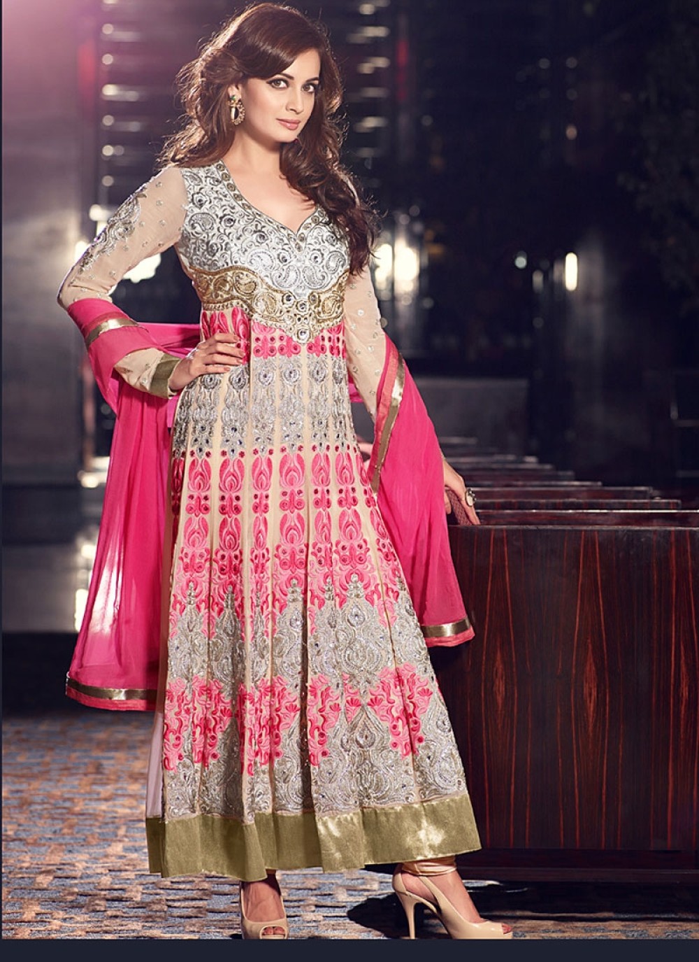 Diya Mirza Gey And Pink Resham Net Georgette Anarkali Suit