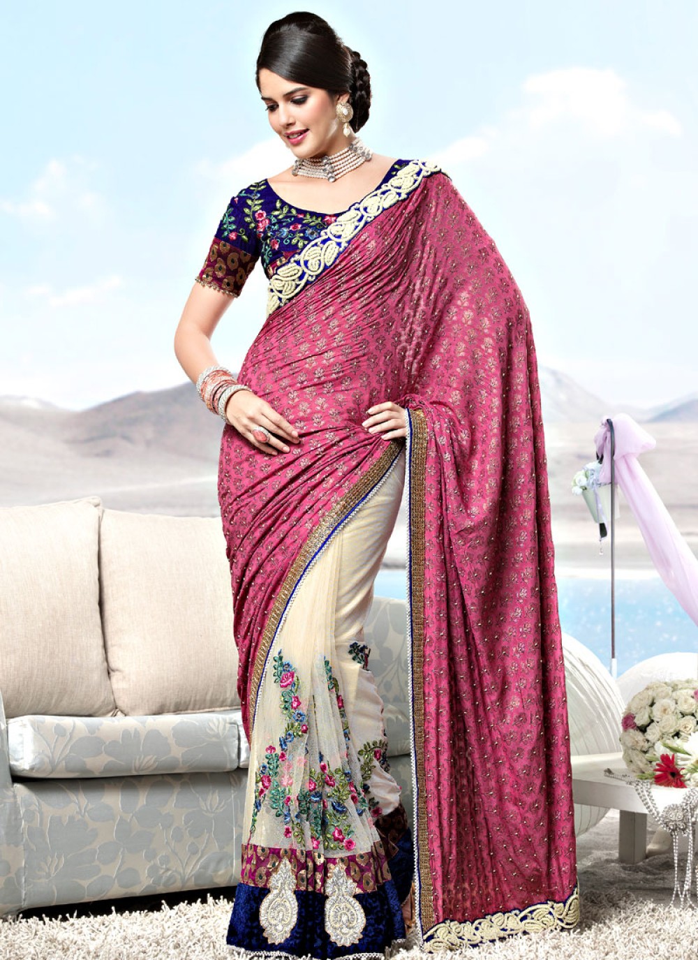 Dusty Pink and Off White Viscose and Net Saree