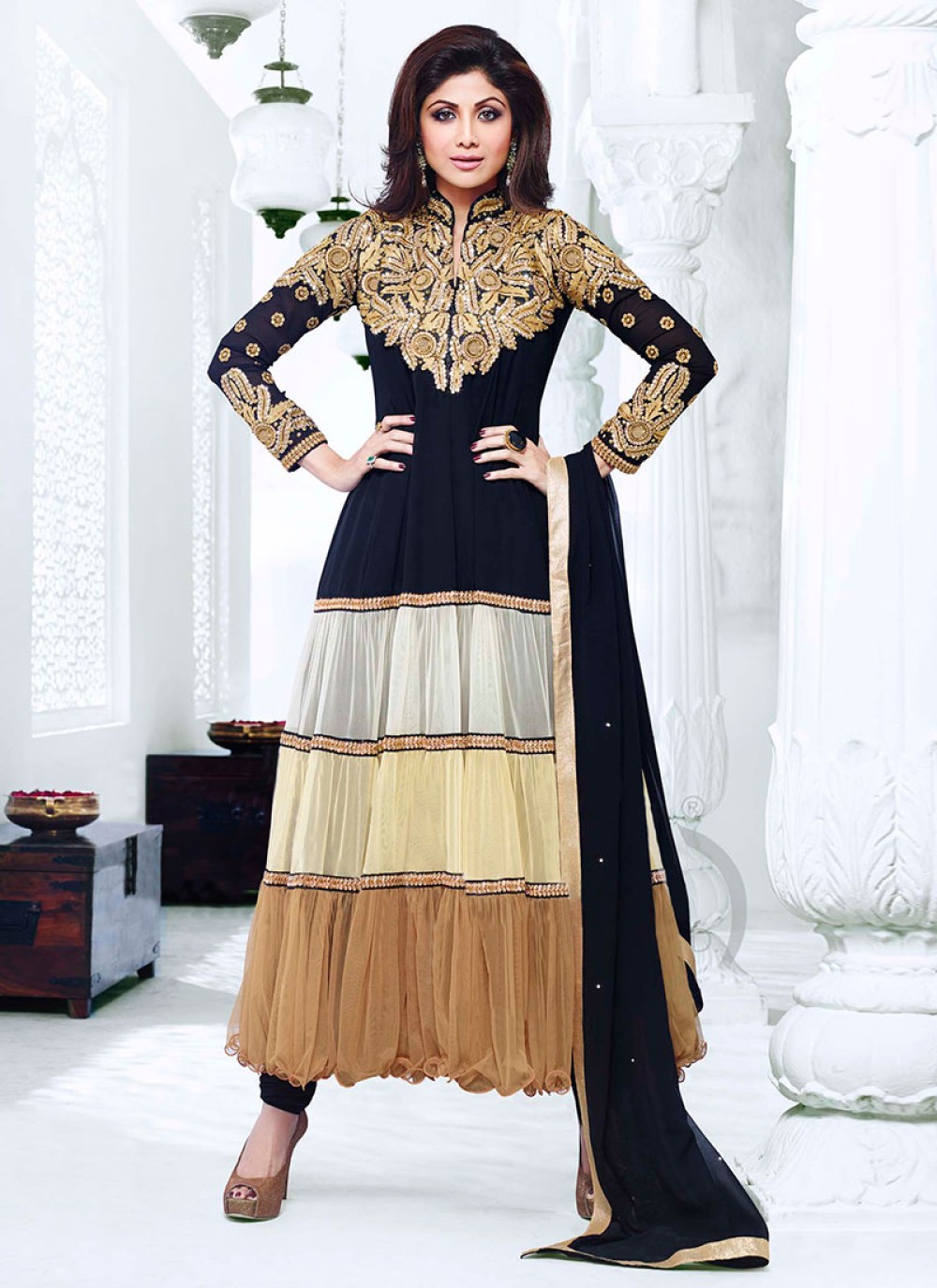 Earthy Shilpa Shetty Black And Brown Tiered Anarkali Suit