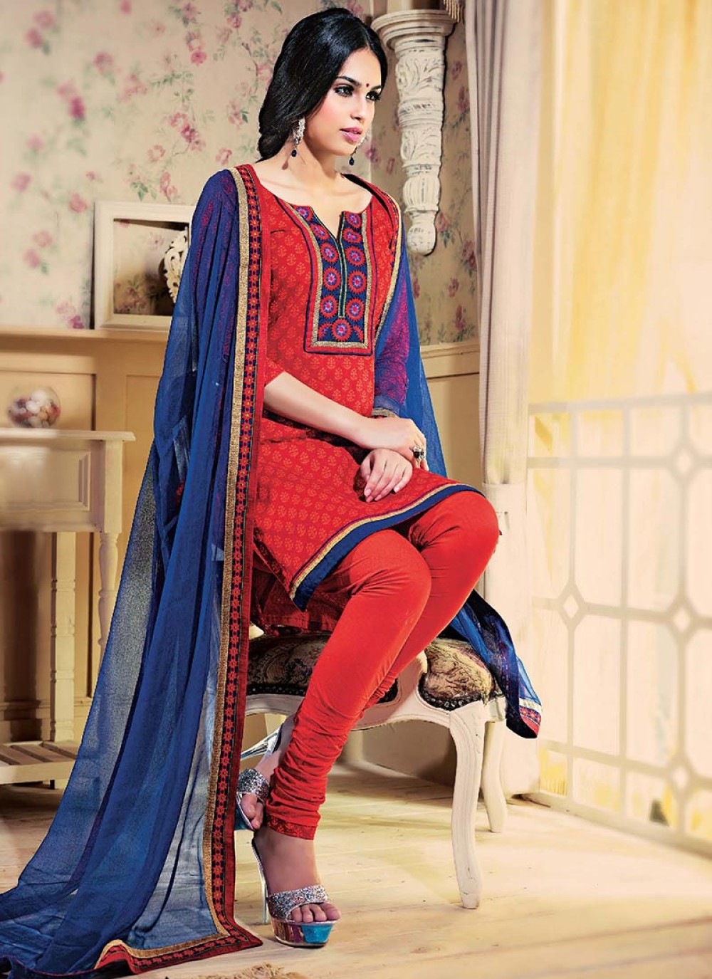 Red Printed Cotton Churidar Suit