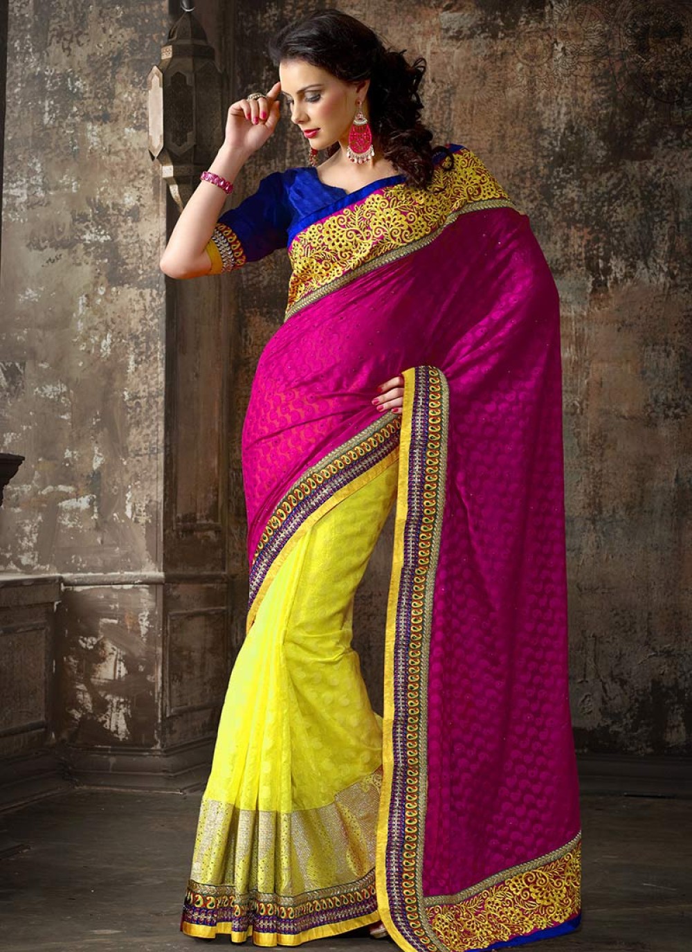 Embroidery Work On Art Silk Occasion Wear Half N Half Saree In Yellow And  Pink Color With Admirable Blouse