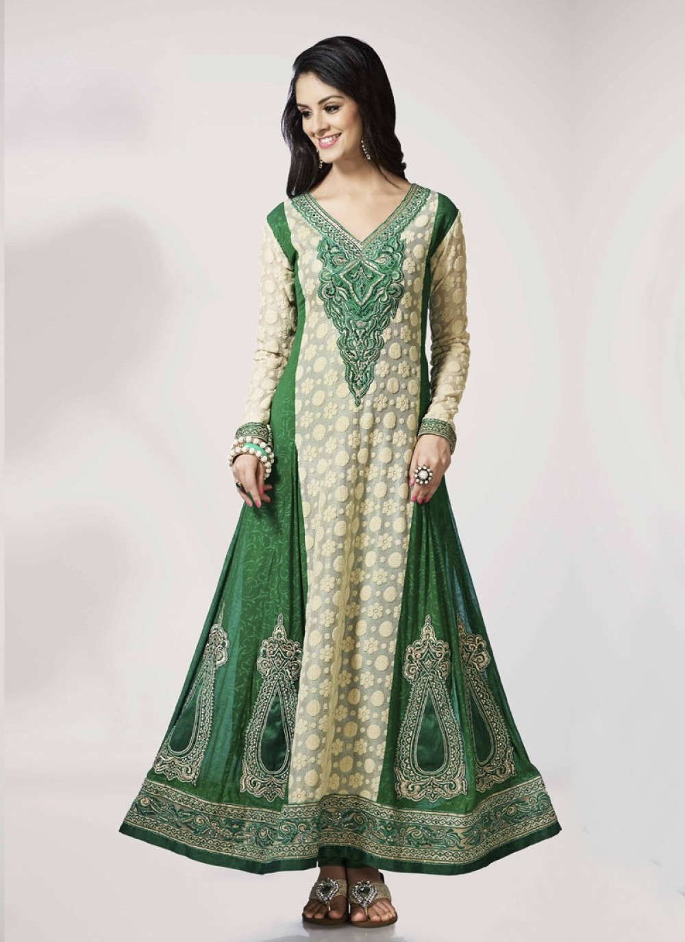 Cream And Green Embroidery Work Anarkali Suit