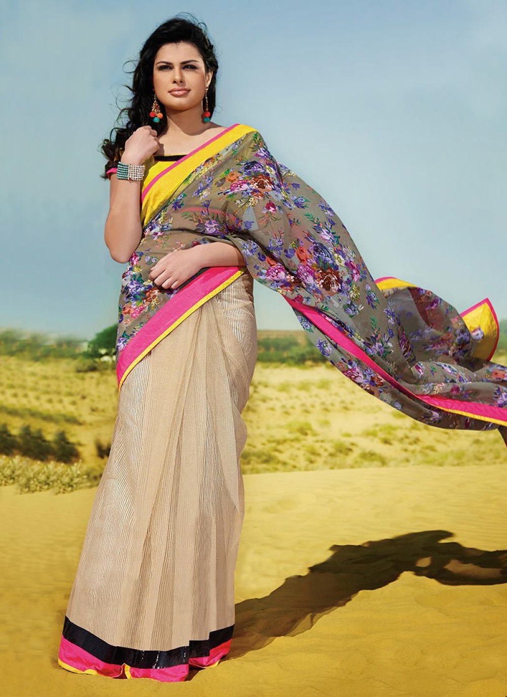 Green And Beige Patch Border Georgette Half And Half Saree