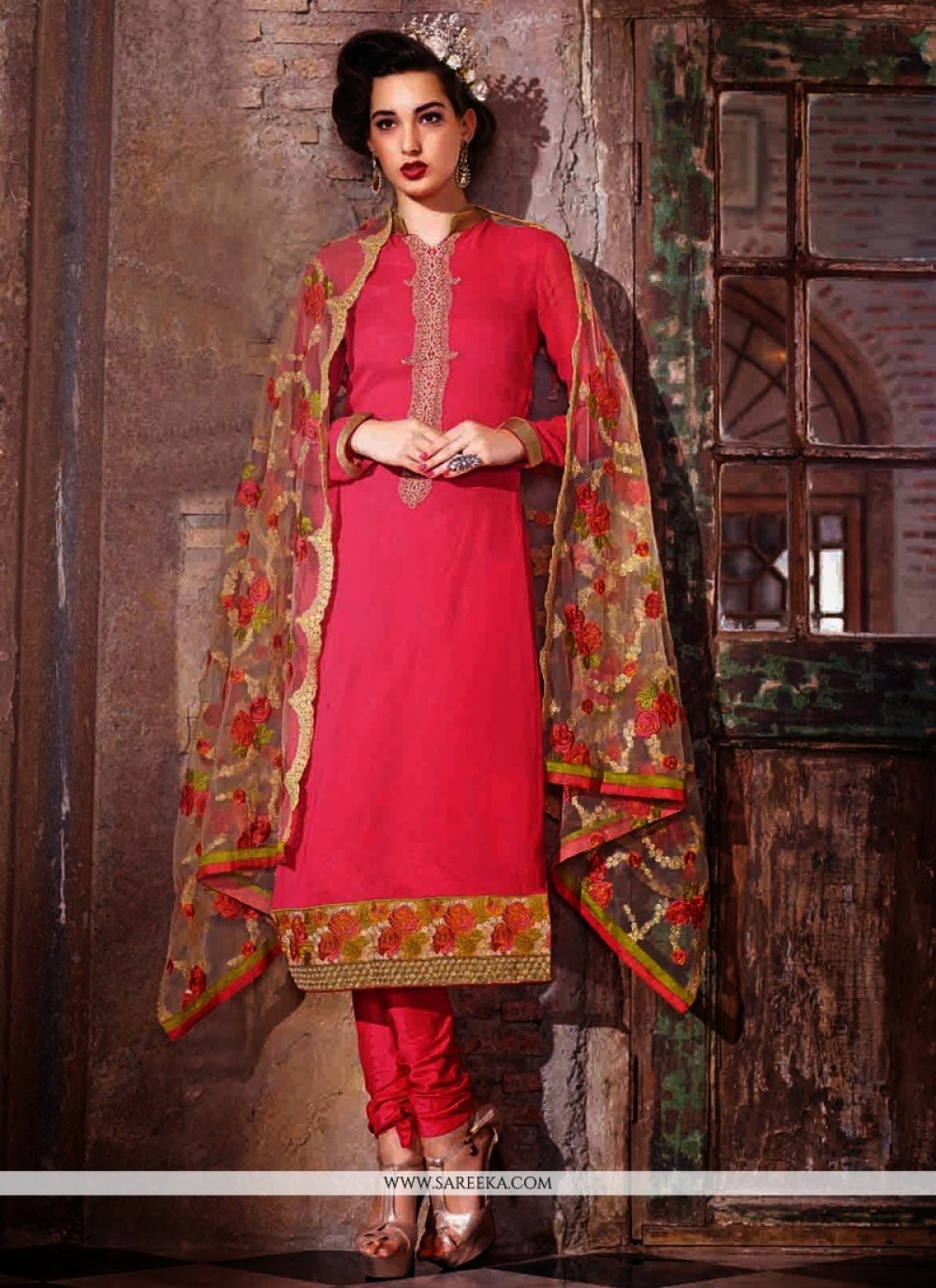 Hot Pink Georgette Churidar Salwar Suit