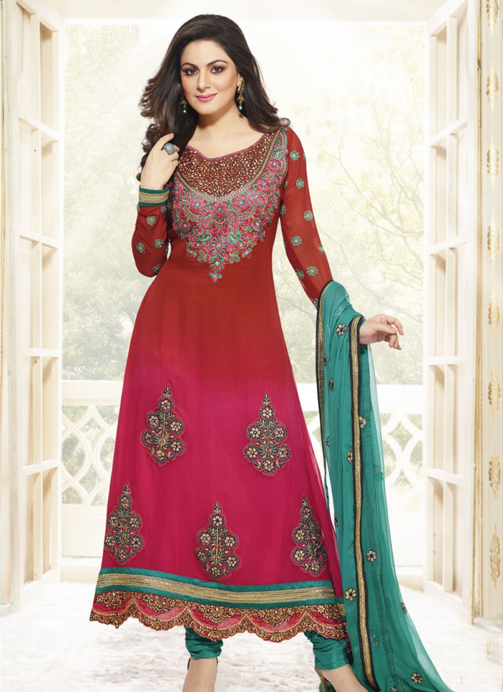 Maroon And Red Embroidery Work Anarkali Suit