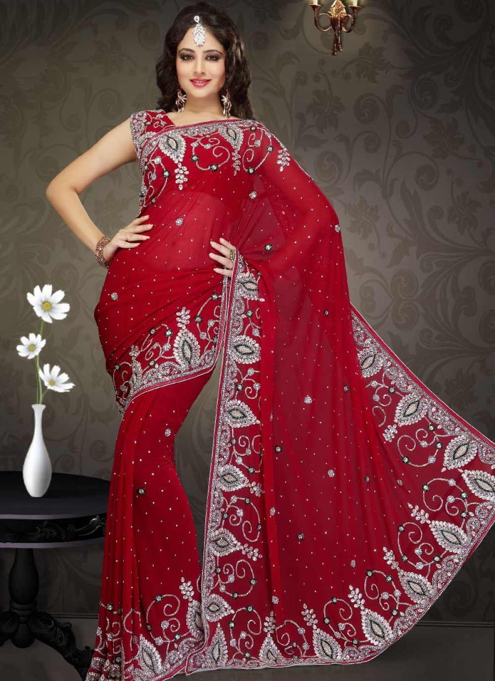 Enhanced Red Shade Faux Georgette Saree